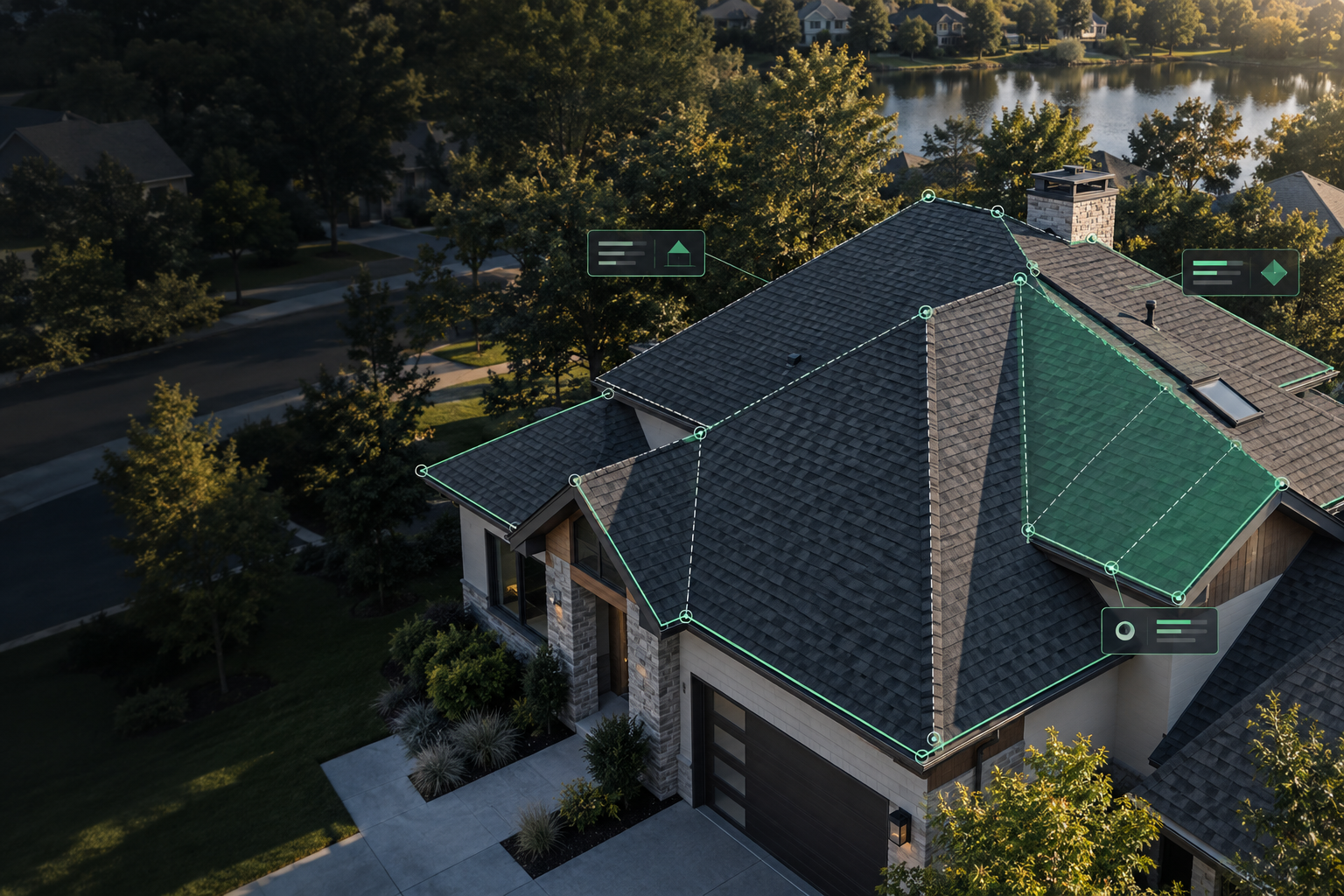 Aerial view of a measured residential roof